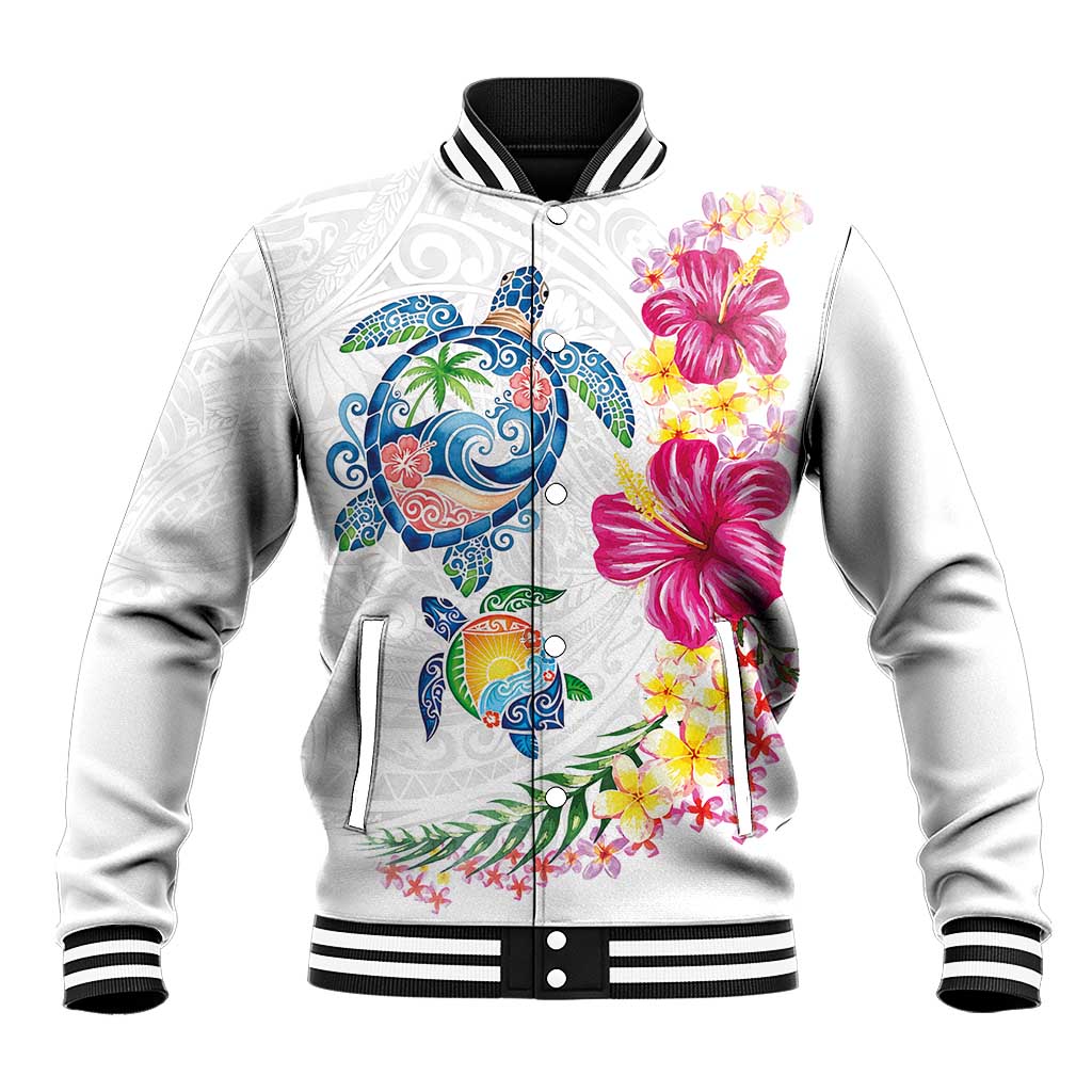 Hawaiian Abstract Art Turtles Baseball Jacket with Plumeria and Hibiscus - Polynesian Pride