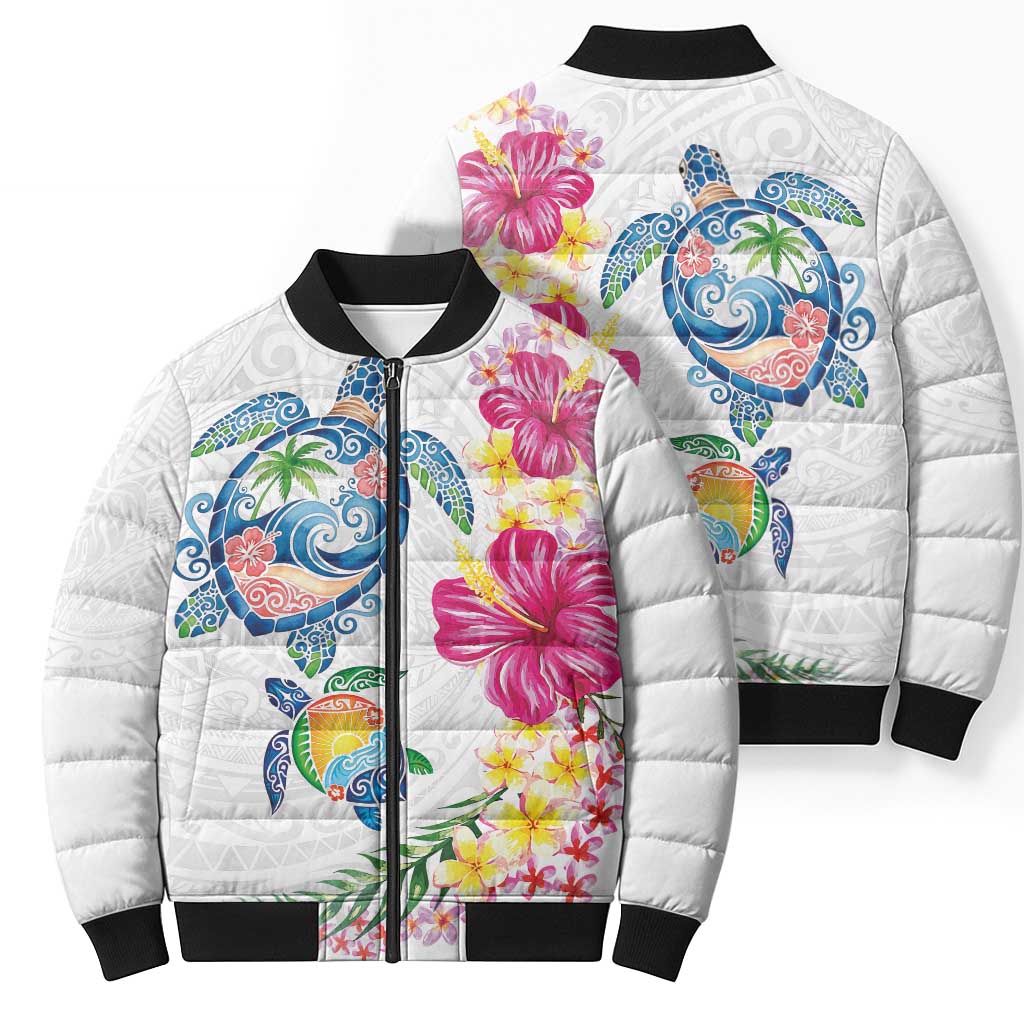 Hawaiian Abstract Art Turtles Bomber Puffer Jacket with Plumeria and Hibiscus - Polynesian Pride