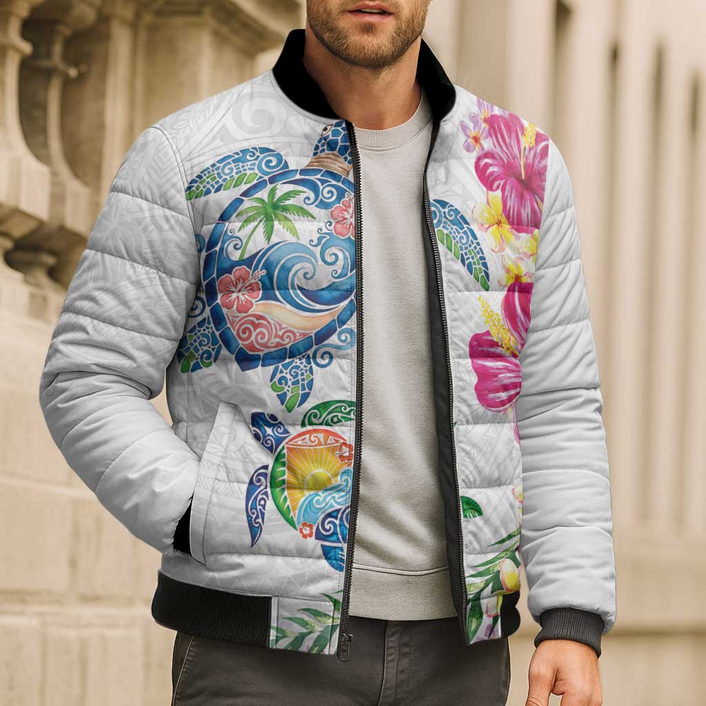 Hawaiian Abstract Art Turtles Bomber Puffer Jacket with Plumeria and Hibiscus - Polynesian Pride