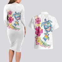 Hawaiian Abstract Art Turtles Couples Matching Long Sleeve Bodycon Dress and Hawaiian Shirt with Plumeria and Hibiscus - Polynesian Pride