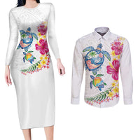 Hawaiian Abstract Art Turtles Couples Matching Long Sleeve Bodycon Dress and Long Sleeve Button Shirt with Plumeria and Hibiscus - Polynesian Pride