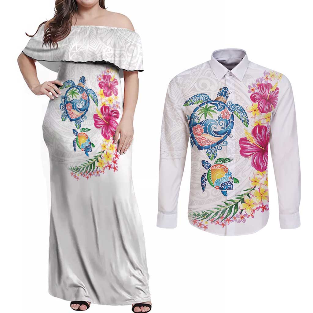 Hawaiian Abstract Art Turtles Couples Matching Off Shoulder Maxi Dress and Long Sleeve Button Shirt with Plumeria and Hibiscus - Polynesian Pride