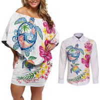 Hawaiian Abstract Art Turtles Couples Matching Off Shoulder Short Dress and Long Sleeve Button Shirt with Plumeria and Hibiscus - Polynesian Pride