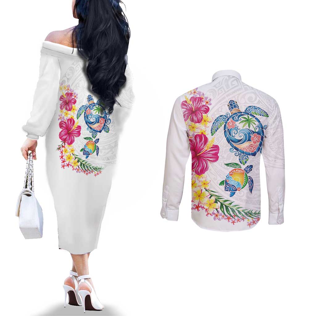 Hawaiian Abstract Art Turtles Couples Matching Off The Shoulder Long Sleeve Dress and Long Sleeve Button Shirt with Plumeria and Hibiscus - Polynesian Pride