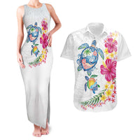 Hawaiian Abstract Art Turtles Couples Matching Tank Maxi Dress and Hawaiian Shirt with Plumeria and Hibiscus - Polynesian Pride