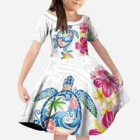 Hawaiian Abstract Art Turtles Family Matching Off The Shoulder Long Sleeve Dress and Hawaiian Shirt with Plumeria and Hibiscus - Polynesian Pride