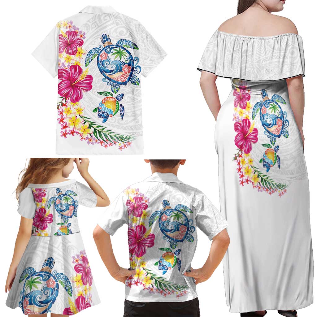 Hawaiian Abstract Art Turtles Family Matching Off Shoulder Maxi Dress and Hawaiian Shirt with Plumeria and Hibiscus - Polynesian Pride