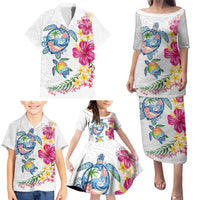 Hawaiian Abstract Art Turtles Family Matching Puletasi and Hawaiian Shirt with Plumeria and Hibiscus - Polynesian Pride