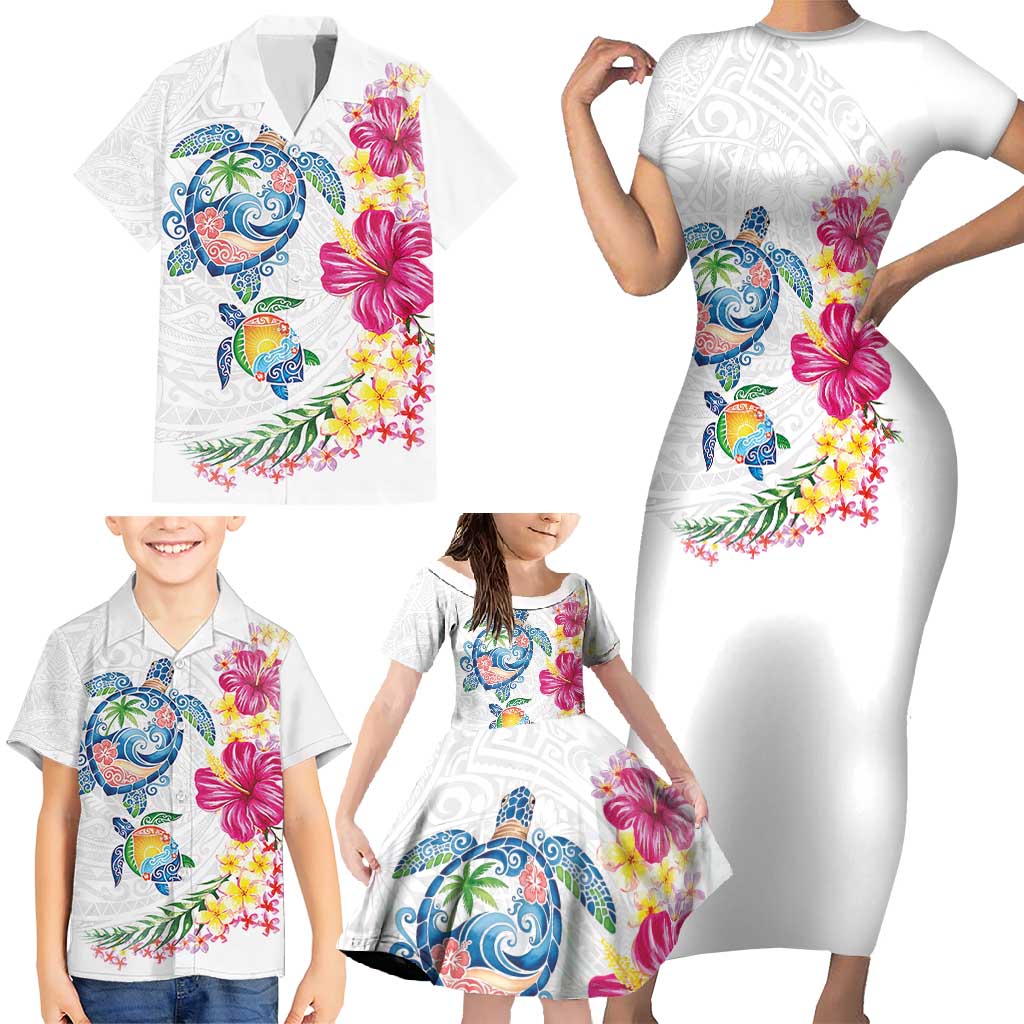 Hawaiian Abstract Art Turtles Family Matching Short Sleeve Bodycon Dress and Hawaiian Shirt with Plumeria and Hibiscus - Polynesian Pride