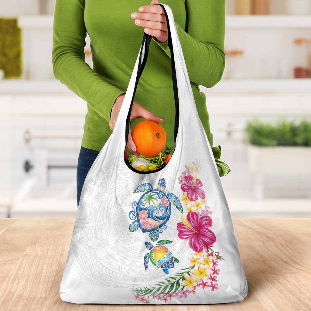 Hawaiian Abstract Art Turtles Grocery Bag with Plumeria and Hibiscus - Polynesian Pride