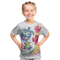 Hawaiian Abstract Art Turtles Kid T Shirt with Plumeria and Hibiscus - Polynesian Pride