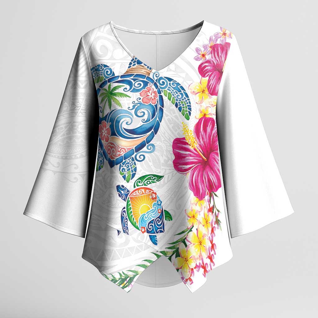 Hawaiian Abstract Art Turtles Kimono Sleeve Blouse with Plumeria and Hibiscus - Polynesian Pride