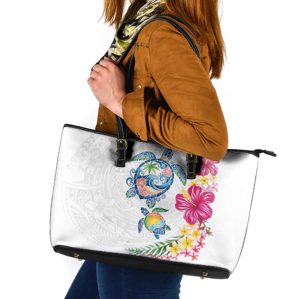 Hawaiian Abstract Art Turtles Leather Tote Bag with Plumeria and Hibiscus - Polynesian Pride