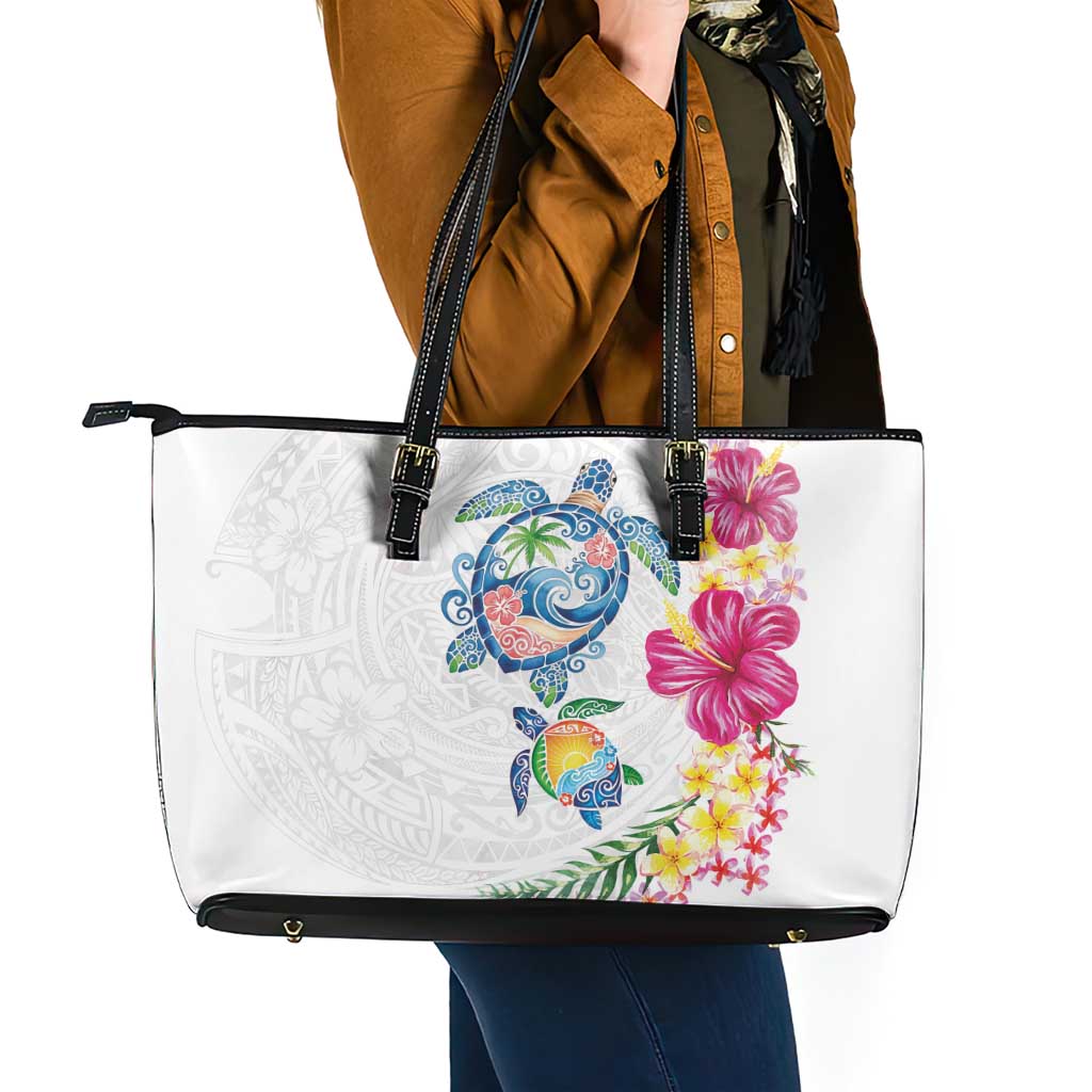 Hawaiian Abstract Art Turtles Leather Tote Bag with Plumeria and Hibiscus - Polynesian Pride