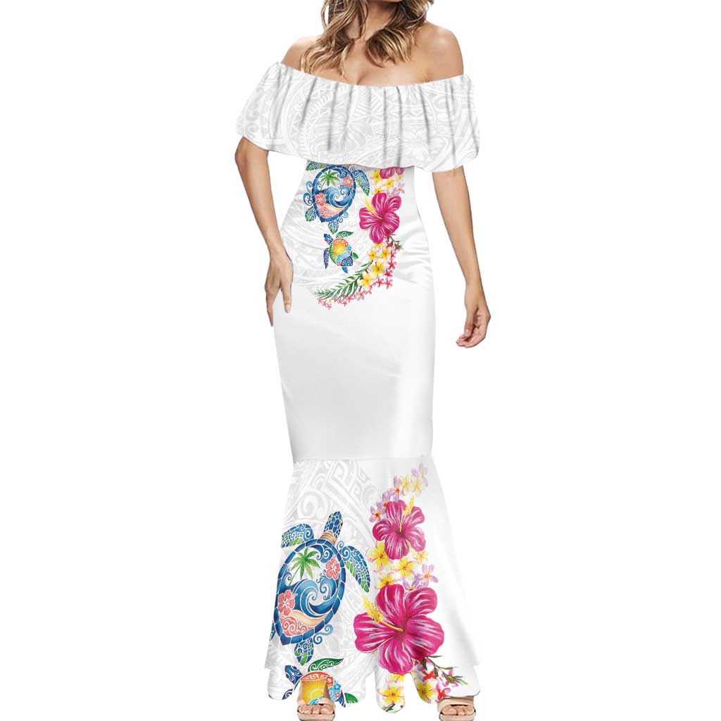 Hawaiian Abstract Art Turtles Mermaid Dress with Plumeria and Hibiscus - Polynesian Pride