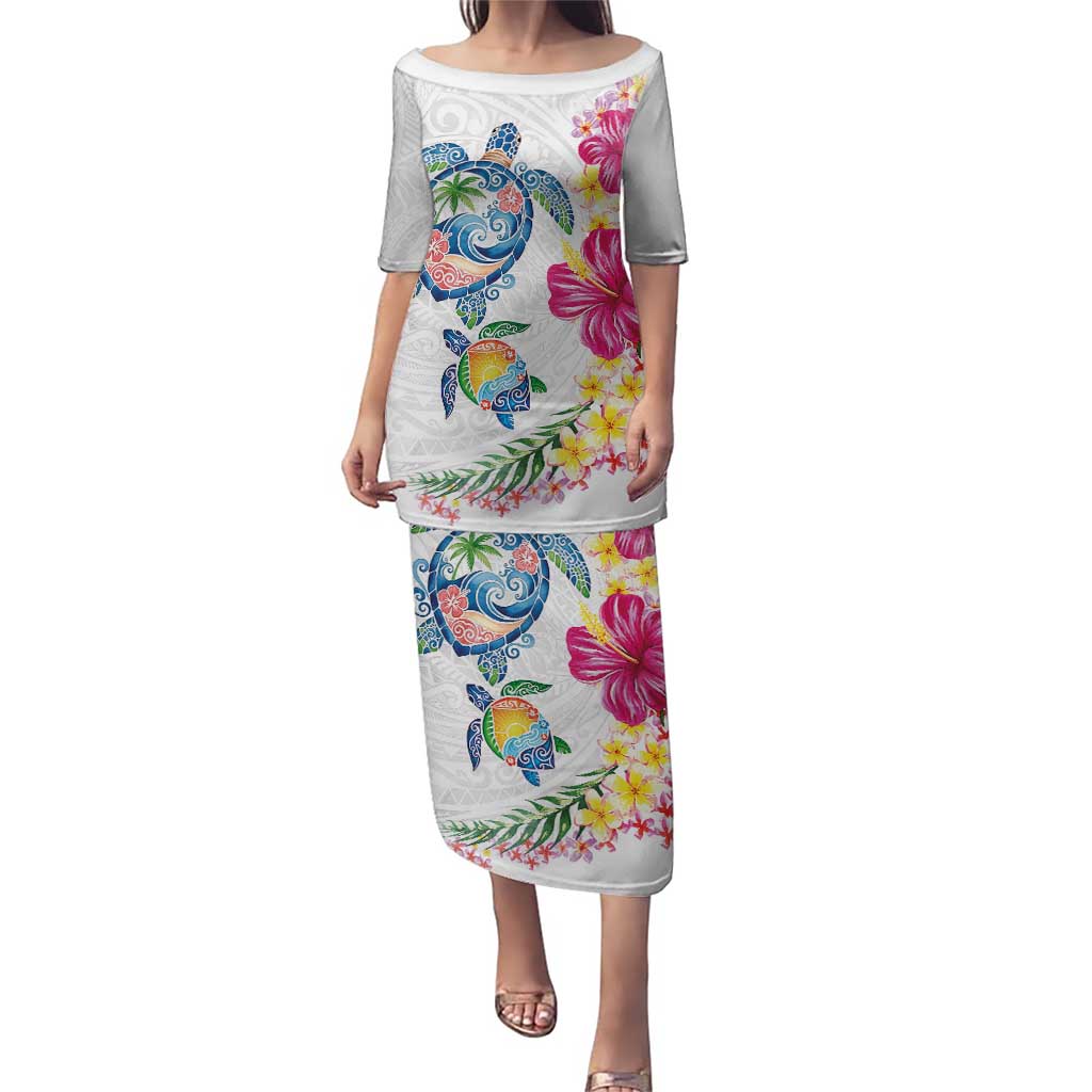 Hawaiian Abstract Art Turtles Puletasi with Plumeria and Hibiscus - Polynesian Pride