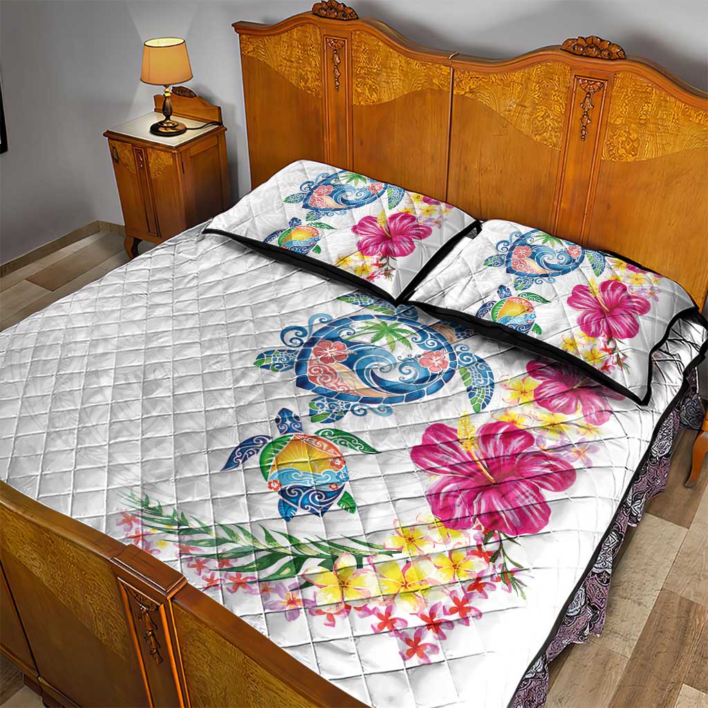 Hawaiian Abstract Art Turtles Quilt Bed Set with Plumeria and Hibiscus - Polynesian Pride