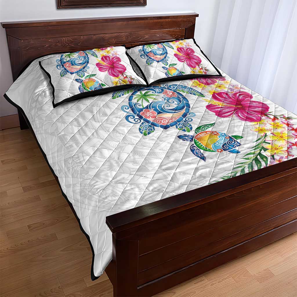 Hawaiian Abstract Art Turtles Quilt Bed Set with Plumeria and Hibiscus - Polynesian Pride