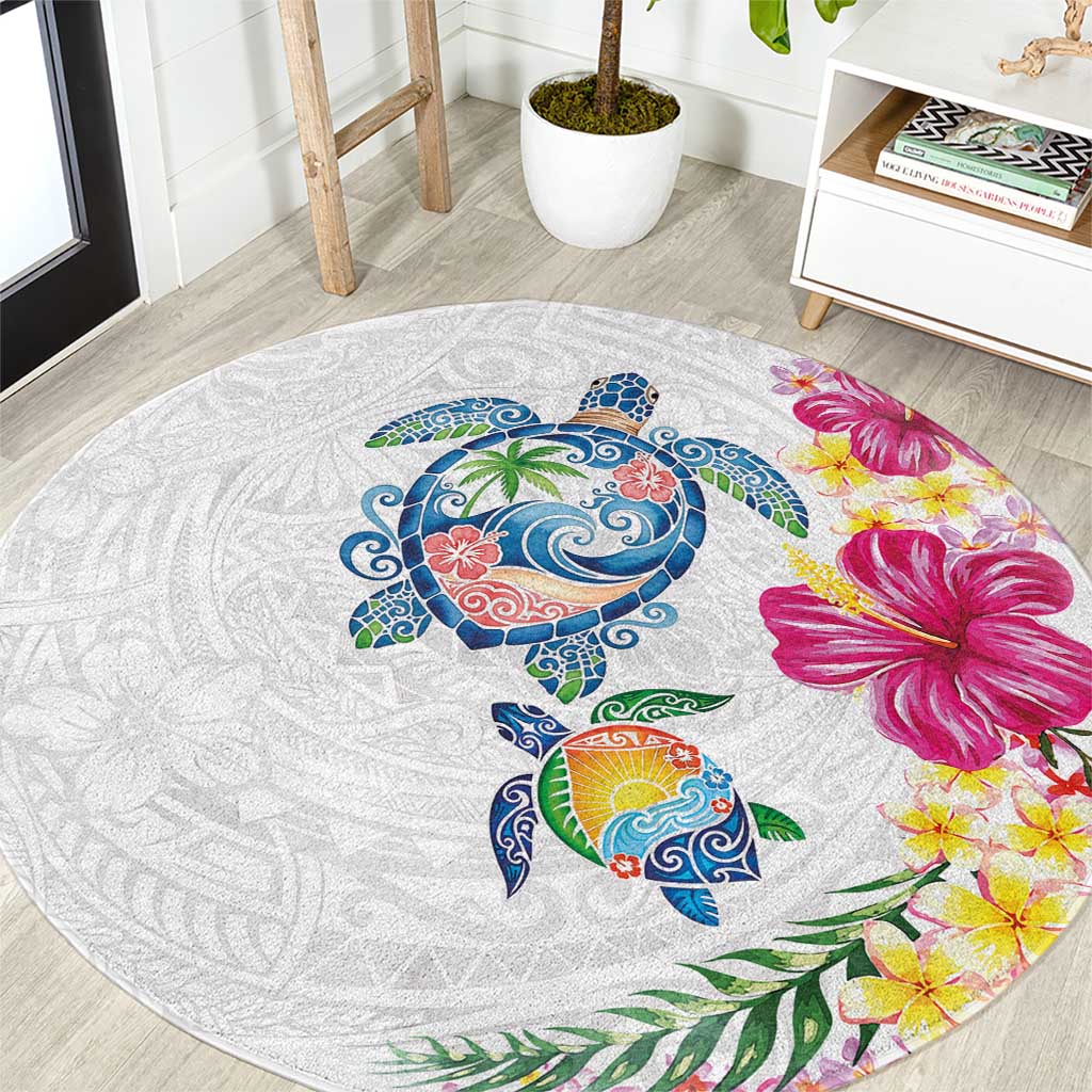 Hawaiian Abstract Art Turtles Round Carpet with Plumeria and Hibiscus - Polynesian Pride