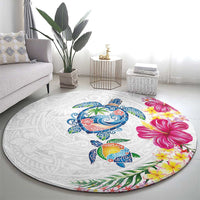 Hawaiian Abstract Art Turtles Round Carpet with Plumeria and Hibiscus - Polynesian Pride