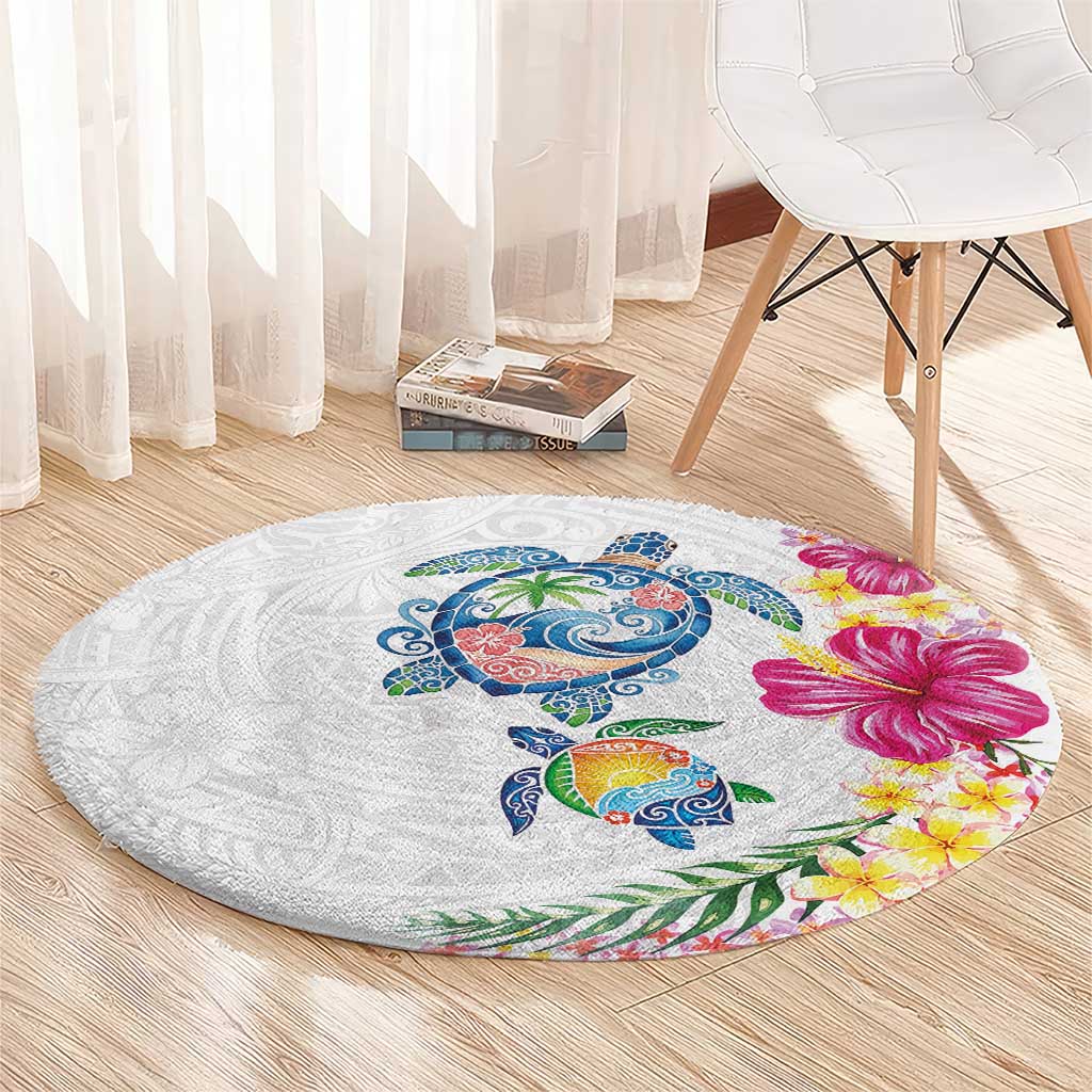 Hawaiian Abstract Art Turtles Round Carpet with Plumeria and Hibiscus - Polynesian Pride