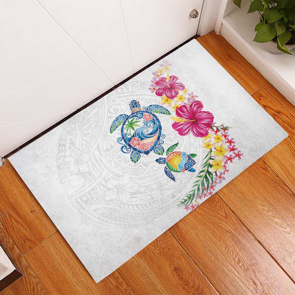 Hawaiian Abstract Art Turtles Rubber Doormat with Plumeria and Hibiscus - Polynesian Pride