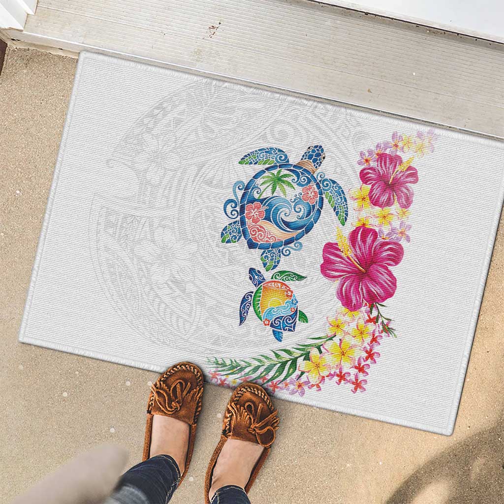 Hawaiian Abstract Art Turtles Rubber Doormat with Plumeria and Hibiscus - Polynesian Pride