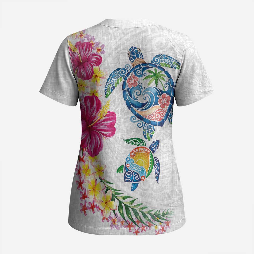 Hawaiian Abstract Art Turtles Scrub Top with Plumeria and Hibiscus - Polynesian Pride