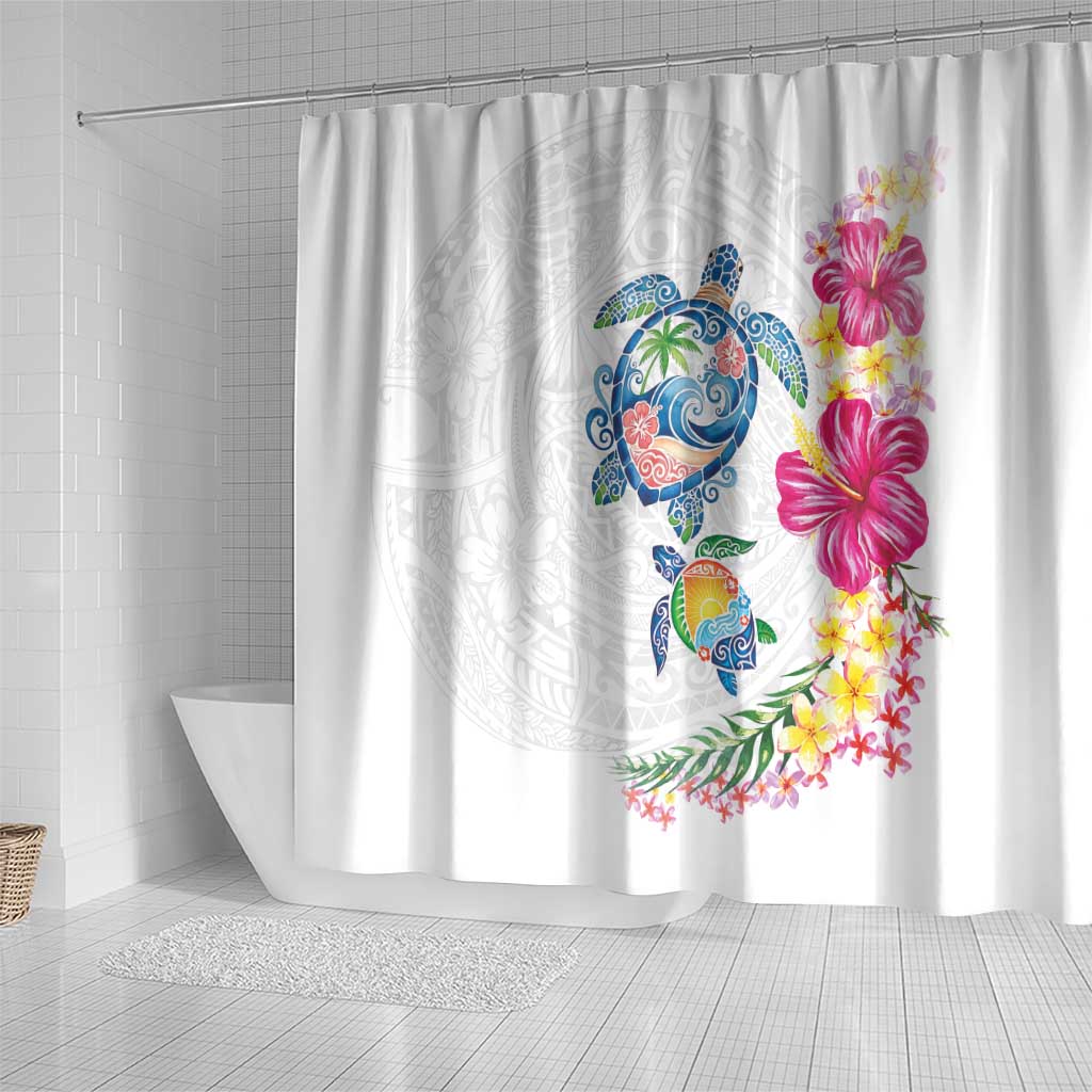 Hawaiian Abstract Art Turtles Shower Curtain with Plumeria and Hibiscus - Polynesian Pride
