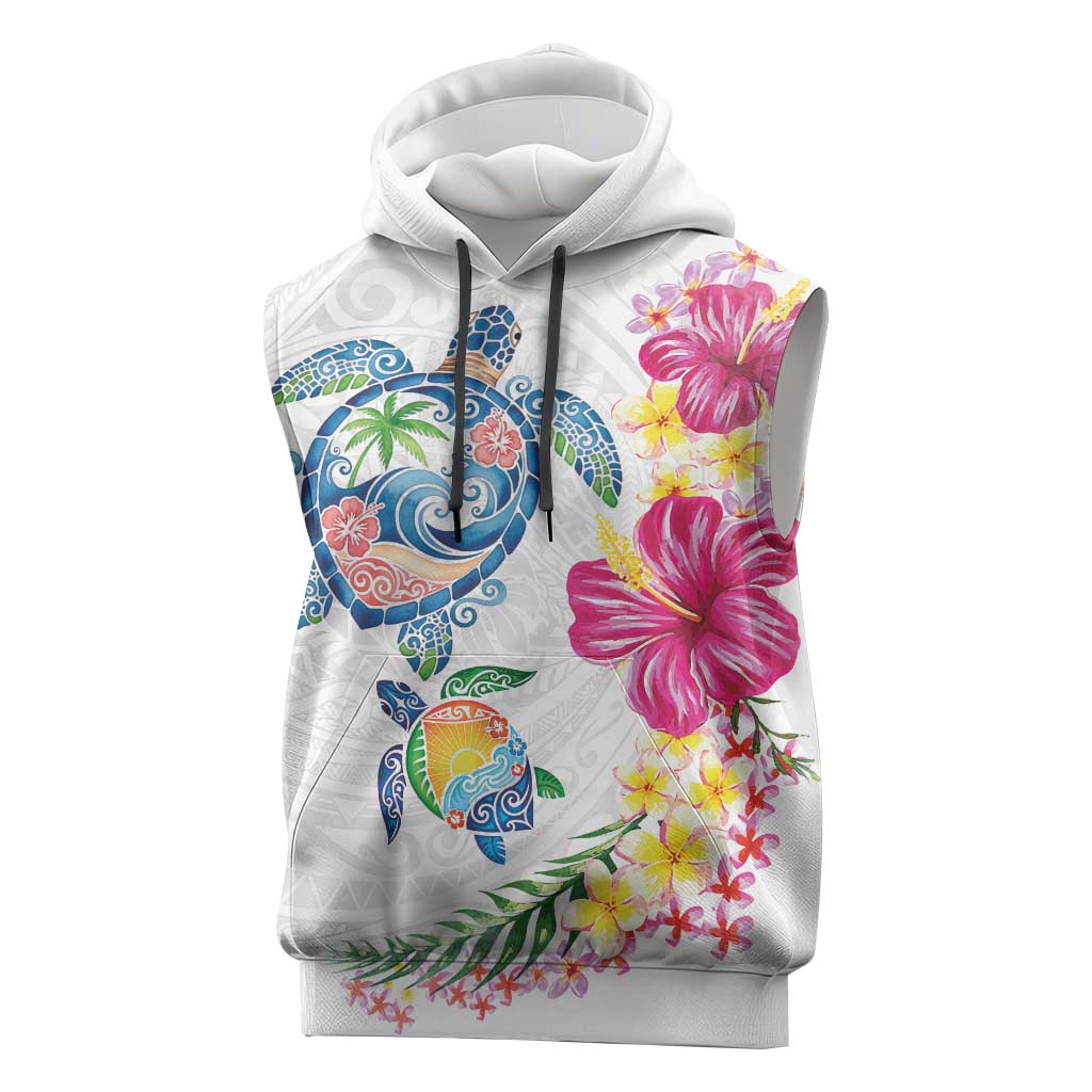 Hawaiian Abstract Art Turtles Sleeveless Hoodie with Plumeria and Hibiscus - Polynesian Pride