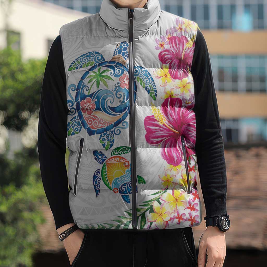 Hawaiian Abstract Art Turtles Sleeveless Puffer Jacket with Plumeria and Hibiscus - Polynesian Pride