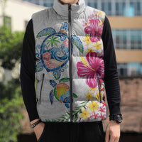 Hawaiian Abstract Art Turtles Sleeveless Puffer Jacket with Plumeria and Hibiscus - Polynesian Pride