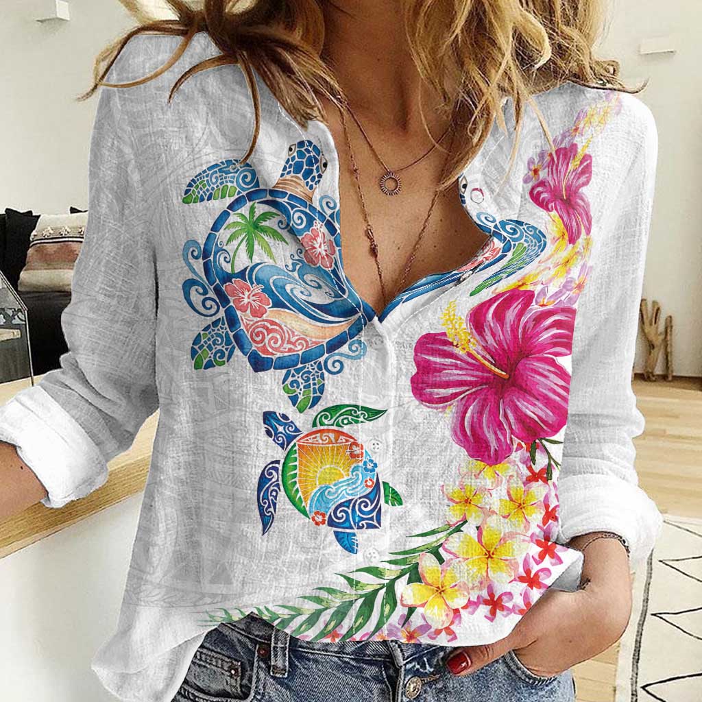 Hawaiian Abstract Art Turtles Women Casual Shirt with Plumeria and Hibiscus - Polynesian Pride