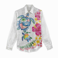 Hawaiian Abstract Art Turtles Women Casual Shirt with Plumeria and Hibiscus - Polynesian Pride