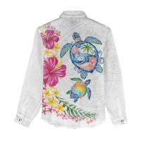 Hawaiian Abstract Art Turtles Women Casual Shirt with Plumeria and Hibiscus - Polynesian Pride