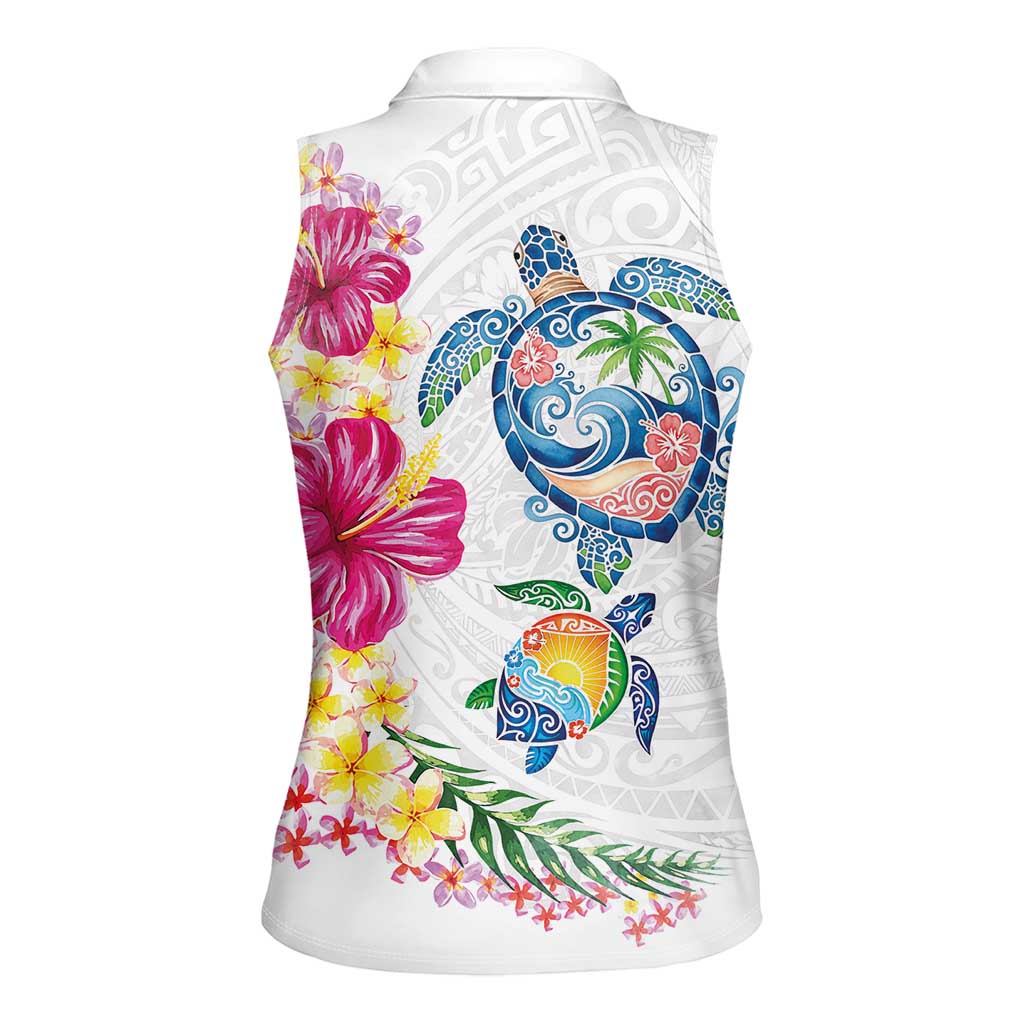 Hawaiian Abstract Art Turtles Women Sleeveless Polo Shirt with Plumeria and Hibiscus - Polynesian Pride