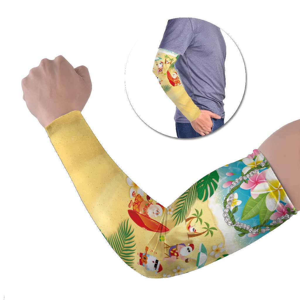 Hawaiian Mele Kalikimaka Arm Sleeves Tropical Plumeria and Lei Funny Santa Beach - Polynesian Pride