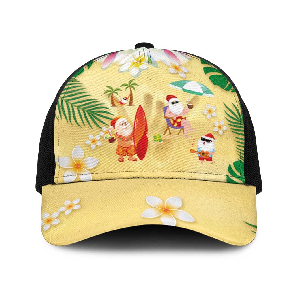 Hawaiian Mele Kalikimaka Baseball Net Cap Funny Santa Claus on Beach with Tropical Plants and Lei - Polynesian Pride