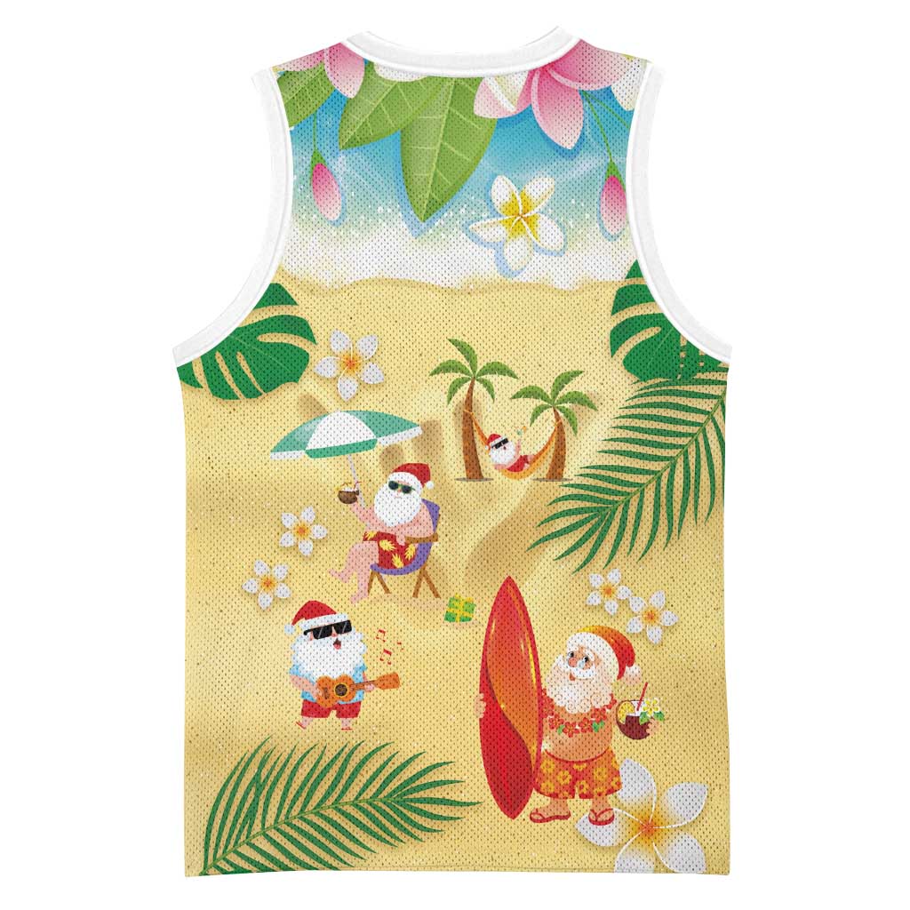 Hawaiian Mele Kalikimaka Basketball Jersey Tropical Plumeria and Lei Funny Santa Beach - Polynesian Pride
