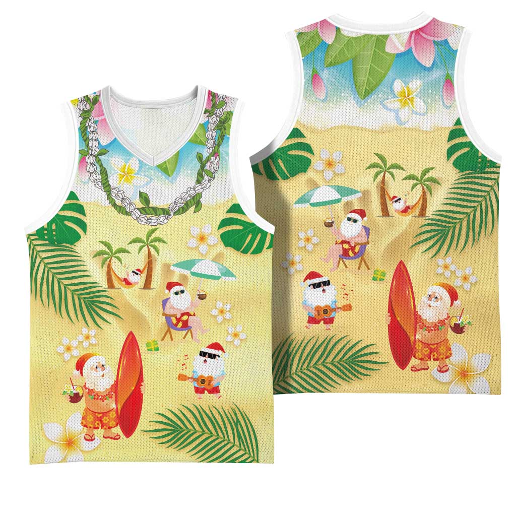 Hawaiian Mele Kalikimaka Basketball Jersey Tropical Plumeria and Lei Funny Santa Beach - Polynesian Pride
