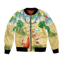 Hawaiian Mele Kalikimaka Bomber Jacket Tropical Plumeria and Lei Funny Santa Beach - Polynesian Pride