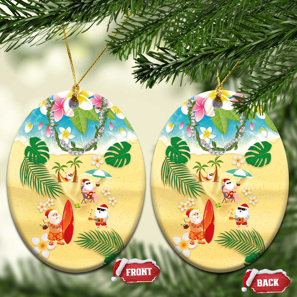 Hawaiian Mele Kalikimaka Ceramic Ornament Funny Santa Claus on Beach with Tropical Plants and Lei - Polynesian Pride