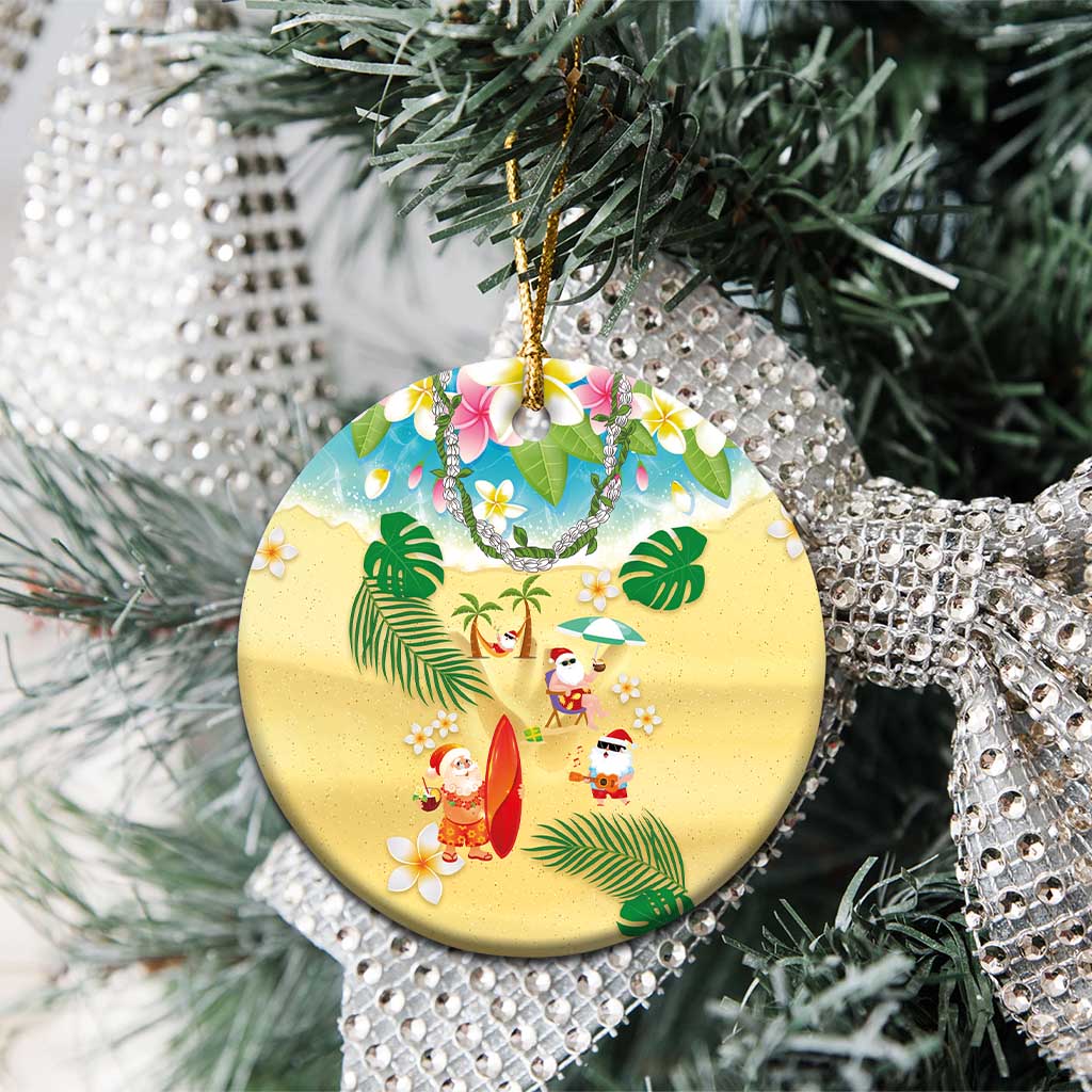 Hawaiian Mele Kalikimaka Ceramic Ornament Funny Santa Claus on Beach with Tropical Plants and Lei - Polynesian Pride