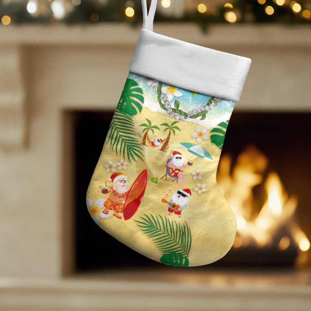 Hawaiian Mele Kalikimaka Christmas Stocking Funny Santa Claus on Beach with Tropical Plants and Lei - Polynesian Pride