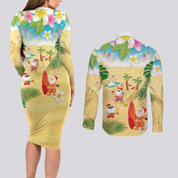 Hawaiian Mele Kalikimaka Couples Matching Long Sleeve Bodycon Dress and Long Sleeve Button Shirt Tropical Plumeria and Lei Funny Santa Beach - Polynesian Pride