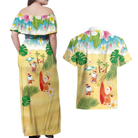 Hawaiian Mele Kalikimaka Couples Matching Off Shoulder Maxi Dress and Hawaiian Shirt Tropical Plumeria and Lei Funny Santa Beach - Polynesian Pride