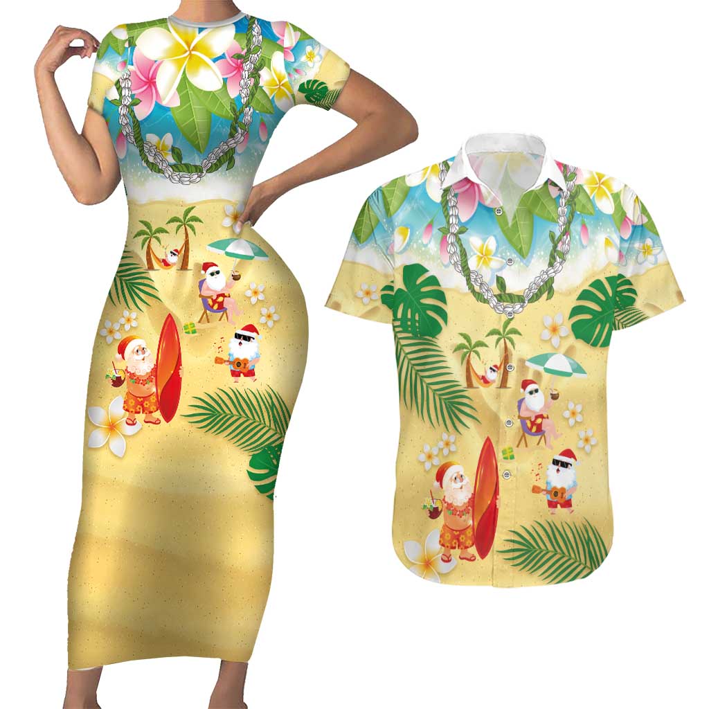 Hawaiian Mele Kalikimaka Couples Matching Short Sleeve Bodycon Dress and Hawaiian Shirt Tropical Plumeria and Lei Funny Santa Beach - Polynesian Pride