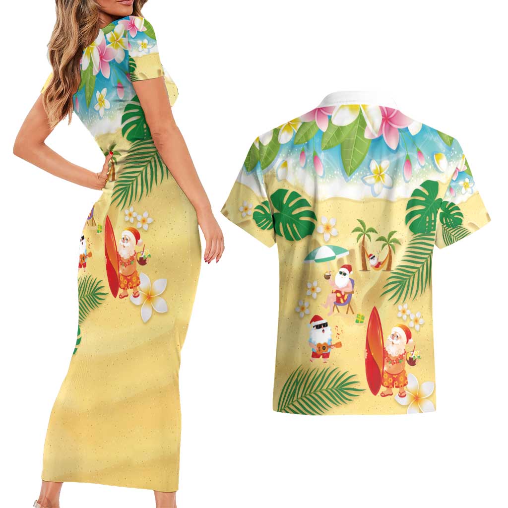 Hawaiian Mele Kalikimaka Couples Matching Short Sleeve Bodycon Dress and Hawaiian Shirt Tropical Plumeria and Lei Funny Santa Beach - Polynesian Pride