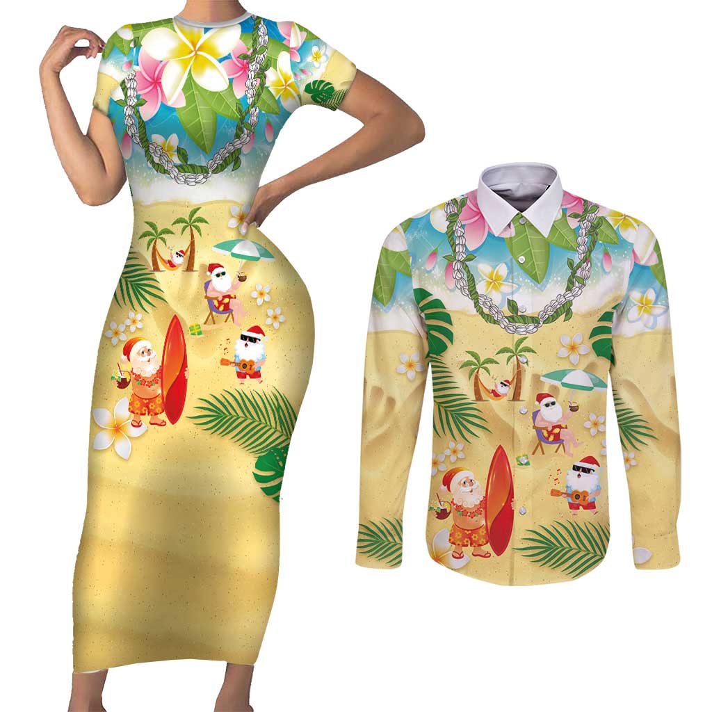 Hawaiian Mele Kalikimaka Couples Matching Short Sleeve Bodycon Dress and Long Sleeve Button Shirt Tropical Plumeria and Lei Funny Santa Beach - Polynesian Pride