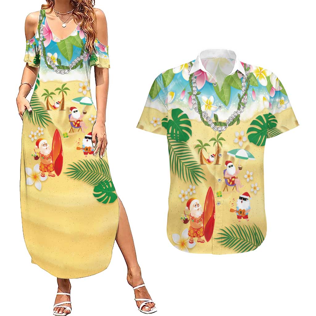Hawaiian Mele Kalikimaka Couples Matching Summer Maxi Dress and Hawaiian Shirt Tropical Plumeria and Lei Funny Santa Beach - Polynesian Pride